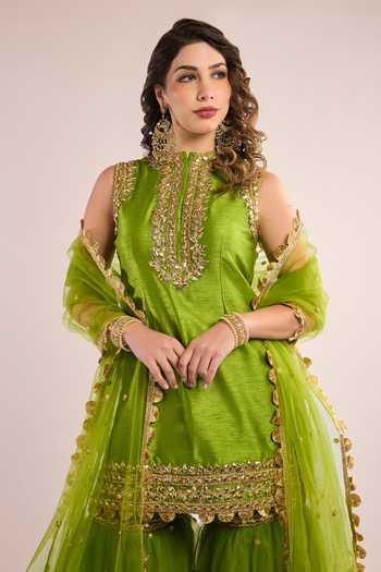 Shop_Saina Kapoor_Green Dupion, Net High Neck Embroidered Kurta Set _Online_at_Aza_Fashions