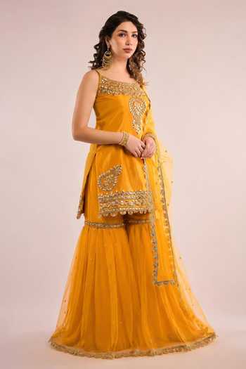 Saina Kapoor_Yellow Dupion, Net Square Neck, Yes Sequin Embroidered Kurta Gharara Set _Online_at_Aza_Fashions