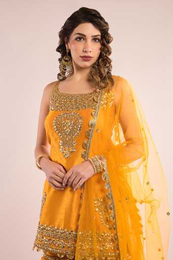Buy_Saina Kapoor_Yellow Dupion, Net Square Neck, Yes Sequin Embroidered Kurta Gharara Set _Online_at_Aza_Fashions