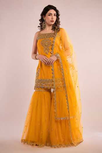 Buy_Saina Kapoor_Yellow Dupion, Net Square Neck, Yes Sequin Embroidered Kurta Gharara Set _at_Aza_Fashions