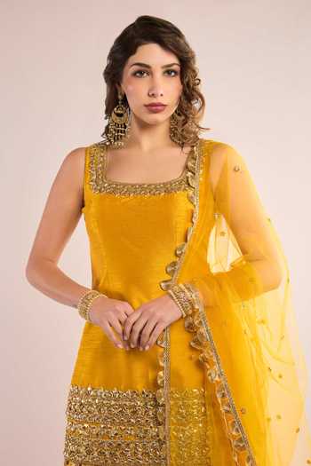 Saina Kapoor_Yellow Dupion, Net Square Neck Border Embroidered Kurta Gharara Set _Online_at_Aza_Fashions