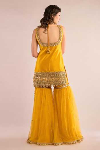 Shop_Saina Kapoor_Yellow Dupion, Net Square Neck Border Embroidered Kurta Gharara Set _at_Aza_Fashions