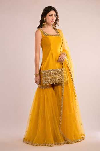 Buy_Saina Kapoor_Yellow Dupion, Net Square Neck Border Embroidered Kurta Gharara Set _Online_at_Aza_Fashions