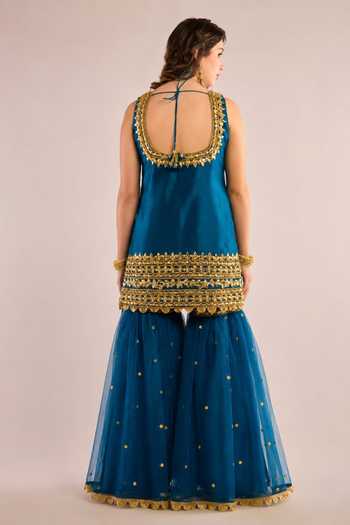 Shop_Saina Kapoor_Blue Dupion, Net Square Neck Gota Patti Work Kurta Gharara Set _at_Aza_Fashions