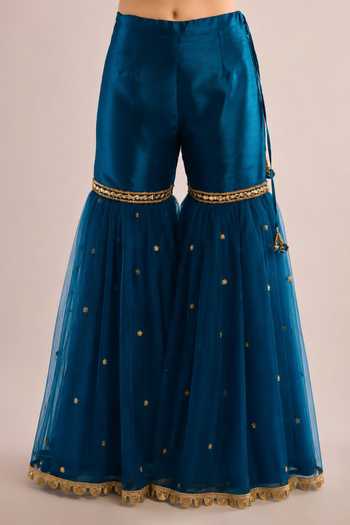 Saina Kapoor_Blue Dupion, Net Square Neck Gota Patti Work Kurta Gharara Set _Online_at_Aza_Fashions