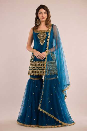 Buy_Saina Kapoor_Blue Dupion, Net Square Neck Gota Patti Work Kurta Gharara Set _at_Aza_Fashions