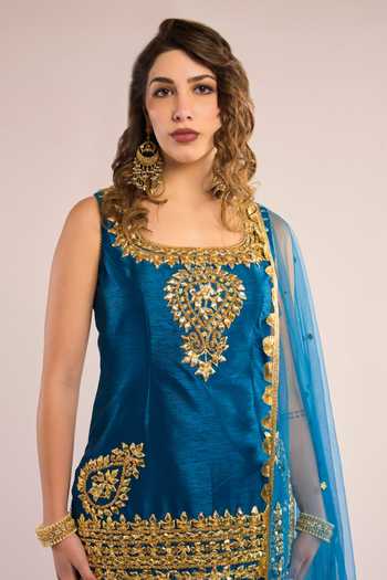 Buy_Saina Kapoor_Blue Dupion, Net Square Neck Gota Patti Work Kurta Gharara Set _Online_at_Aza_Fashions