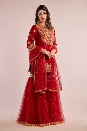 Saina Kapoor_Maroon Dupion, Net Round Neck, Yes Floral Embroidered Kurta Gharara Set _Online_at_Aza_Fashions