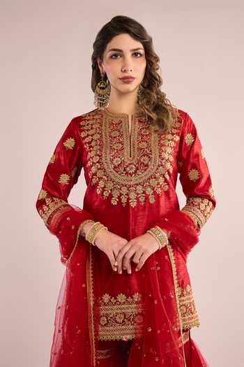 Shop_Saina Kapoor_Maroon Dupion, Net Round Neck, Yes Floral Embroidered Kurta Gharara Set _Online_at_Aza_Fashions