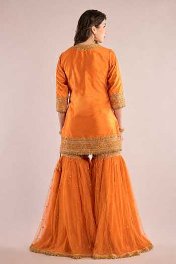 Shop_Saina Kapoor_Orange Dupion, Net Keyhole Neck, Yes Yoke Embroidered Kurta Gharara Set _at_Aza_Fashions