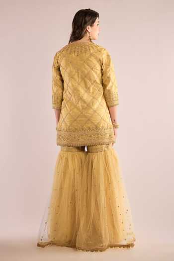 Shop_Saina Kapoor_Gold Dupion, Net Round Neck, Yes Checkered Embroidered Kurta Gharara Set _at_Aza_Fashions