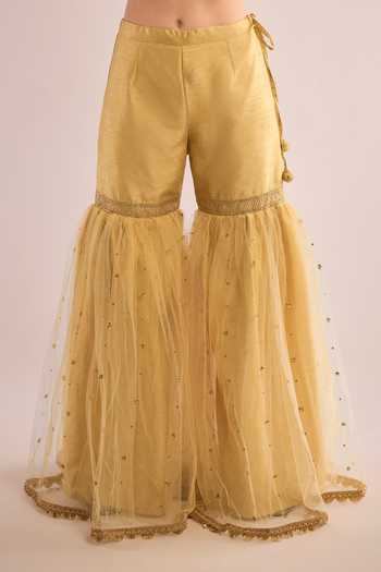 Buy_Saina Kapoor_Gold Dupion, Net Round Neck, Yes Checkered Embroidered Kurta Gharara Set _Online_at_Aza_Fashions
