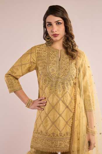 Shop_Saina Kapoor_Gold Dupion, Net Round Neck, Yes Checkered Embroidered Kurta Gharara Set _Online_at_Aza_Fashions