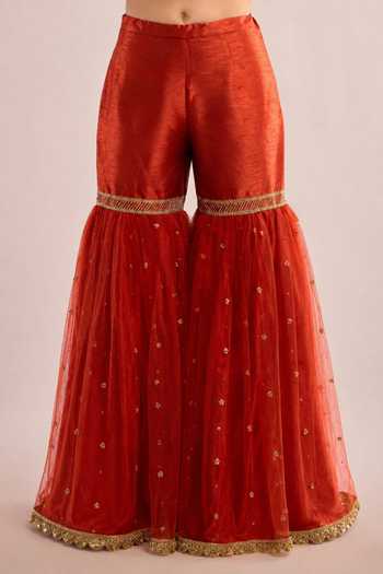 Saina Kapoor_Orange Dupion, Net Keyhole Neck Yoke Embellished Kurta Gharara Set _Online_at_Aza_Fashions