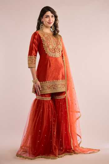Buy_Saina Kapoor_Orange Dupion, Net Keyhole Neck Yoke Embellished Kurta Gharara Set _Online_at_Aza_Fashions