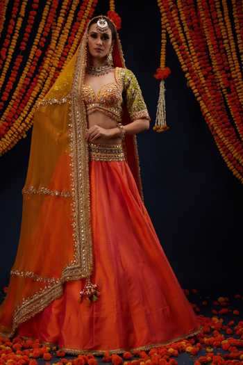 Shop_Preeti S Kapoor_Orange , Organza Sweetheart Neck Sequin Embroidered Lehenga Set _Online_at_Aza_Fashions