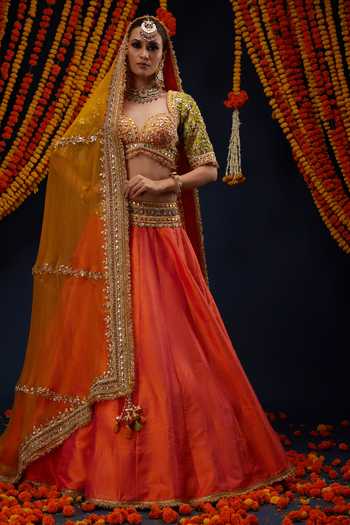 Shop_Preeti S Kapoor_Orange , Organza Sweetheart Neck Sequin Embroidered Lehenga Set 