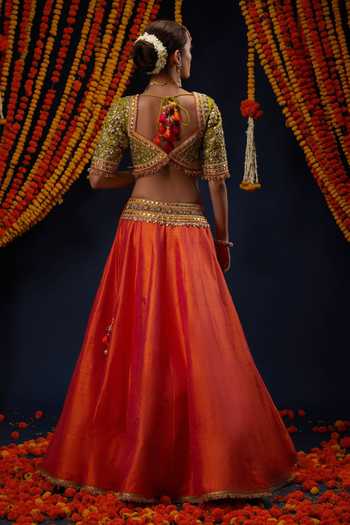 Shop_Preeti S Kapoor_Orange , Organza Sweetheart Neck Sequin Embroidered Lehenga Set _at_Aza_Fashions