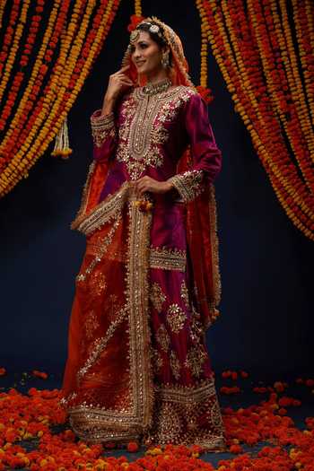 Shop_Preeti S Kapoor_Wine , , Notched Neck, Yes Embroidered Kurta Sharara Set _Online_at_Aza_Fashions