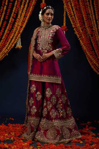 Preeti S Kapoor_Wine , , Notched Neck, Yes Embroidered Kurta Sharara Set _at_Aza_Fashions