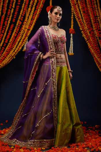 Preeti S Kapoor_Green , , Gota Embroidered Bustier Lehenga Set _at_Aza_Fashions