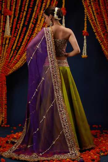 Shop_Preeti S Kapoor_Green , , Gota Embroidered Bustier Lehenga Set _at_Aza_Fashions