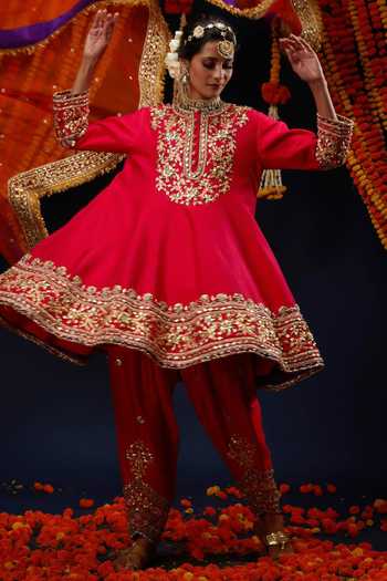 Buy_Preeti S Kapoor_Red , Organza Round Neck Sequin Embroidered Anarkali Set _Online_at_Aza_Fashions
