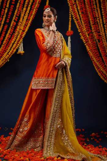 Shop_Preeti S Kapoor_Orange , , Round Neck Embroidered Kurta Sharara Set _Online_at_Aza_Fashions