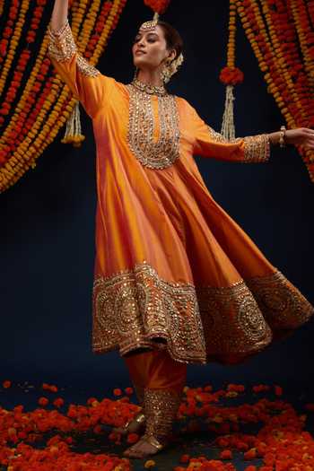 Buy_Preeti S Kapoor_Orange , , Round Neck Bead Embroidered Anarkali Set _Online_at_Aza_Fashions