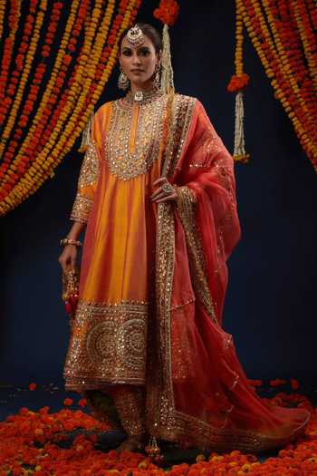 Preeti S Kapoor_Orange , , Round Neck Bead Embroidered Anarkali Set _at_Aza_Fashions