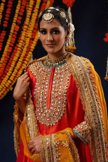 Shop_Preeti S Kapoor_Orange , Organza Round Neck Gota Work Anarkali Salwar Set _Online_at_Aza_Fashions