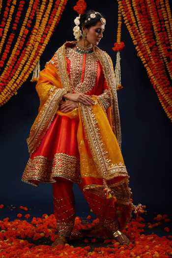 Preeti S Kapoor_Orange , Organza Round Neck Gota Work Anarkali Salwar Set _at_Aza_Fashions