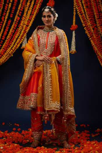Buy_Preeti S Kapoor_Orange , Organza Round Neck Gota Work Anarkali Salwar Set _at_Aza_Fashions