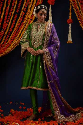 Shop_Preeti S Kapoor_Green , Organza V-neck Embroidered Kurta Set _Online_at_Aza_Fashions