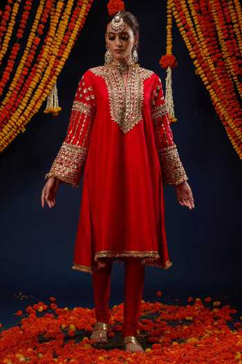 Preeti S Kapoor_Red , Organza V-neck, Yes Embroidered Short Kurta Set _Online_at_Aza_Fashions