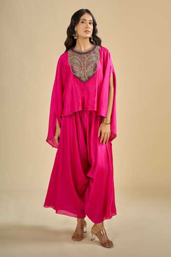 Buy_Prisho_Fuchsia Round , Scoop Embroidered Kaftan Pant Set _Online_at_Aza_Fashions