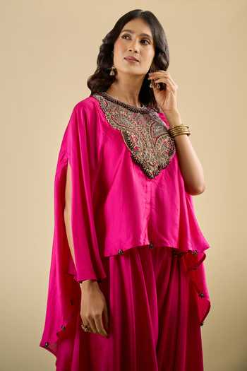 Buy_Prisho_Fuchsia Round , Scoop Embroidered Kaftan Pant Set 
