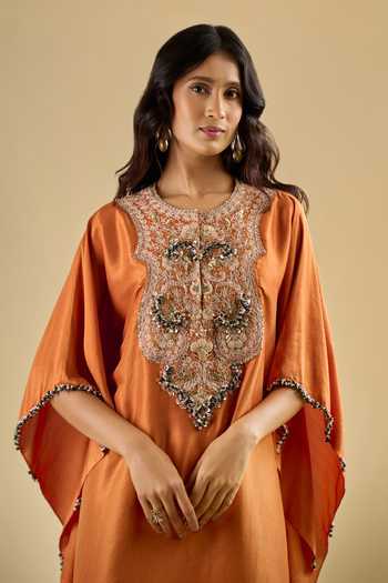 Buy_Prisho_Orange Round Neck Yoke Embroidered Kaftan And Pant Set 
