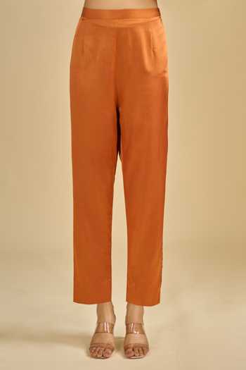 Prisho_Orange Round Neck Yoke Embroidered Kaftan And Pant Set _Online