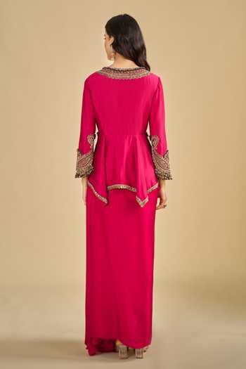 Shop_Prisho_Fuchsia V-neck Neckline Embroidered Peplum Top And Skirt Set _at_Aza_Fashions