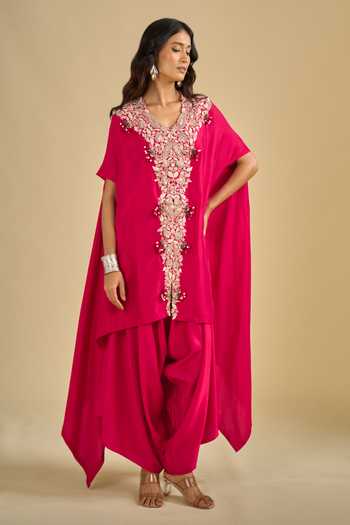 Buy_Prisho_Red V-neck Dori Embroidered Kaftan And Pant Set _at_Aza_Fashions