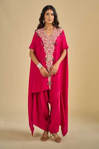 Buy_Prisho_Red V-neck Dori Embroidered Kaftan And Pant Set _Online_at_Aza_Fashions