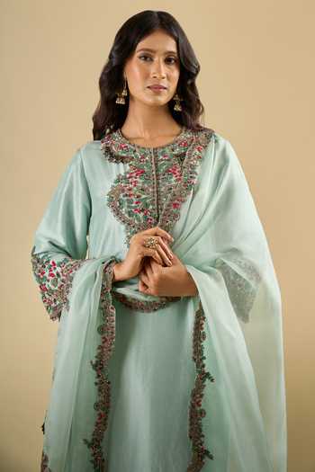 Shop_Prisho_Blue Round Neck Dori Embroidered Kurta Pant Set _Online_at_Aza_Fashions