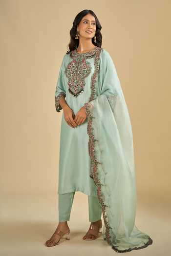 Prisho_Blue Round Neck Dori Embroidered Kurta Pant Set _at_Aza_Fashions