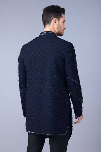 Shop_Varoin Marwah_Blue Silk Celestial Wing Embroidered Sherwani Set _at_Aza_Fashions