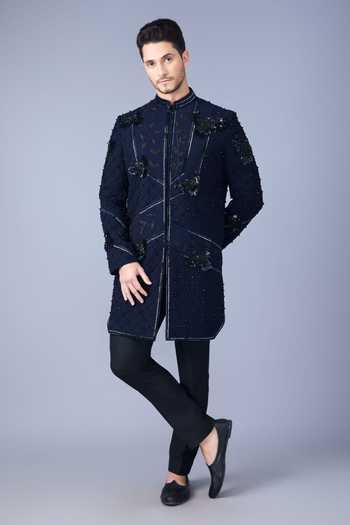 Varoin Marwah_Blue Silk Celestial Wing Embroidered Sherwani Set _Online_at_Aza_Fashions