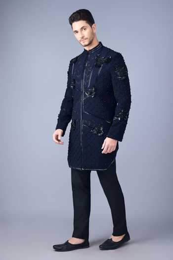 Shop_Varoin Marwah_Blue Silk Celestial Wing Embroidered Sherwani Set _Online_at_Aza_Fashions
