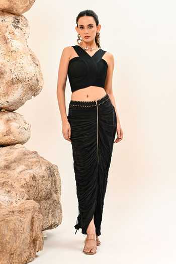 Buy_Day And Mood_Black Crepe Halter Neck Gathered Skirt Set _at_Aza_Fashions
