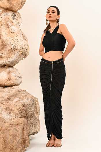 Day And Mood_Black Crepe Halter Neck Gathered Skirt Set _Online_at_Aza_Fashions