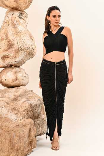 Shop_Day And Mood_Black Crepe Halter Neck Gathered Skirt Set _Online_at_Aza_Fashions